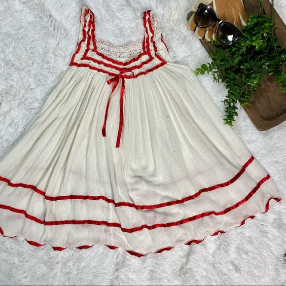 Vintage Tops - Vintage white gauze babydoll tank red satin ribbon lace